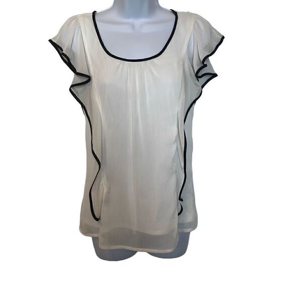 IZ Byer EUC White Black Trim Flowy Ruffle Sleeve Blouse Sz S - Picture 2 of 6